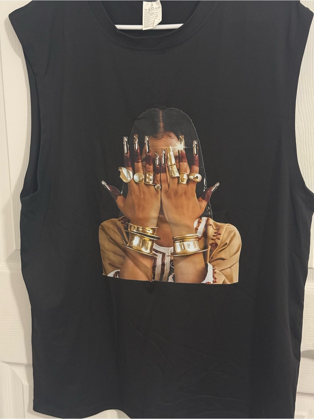 Black Graphic Sleeveless Women’s Top with Gold Accent Print
